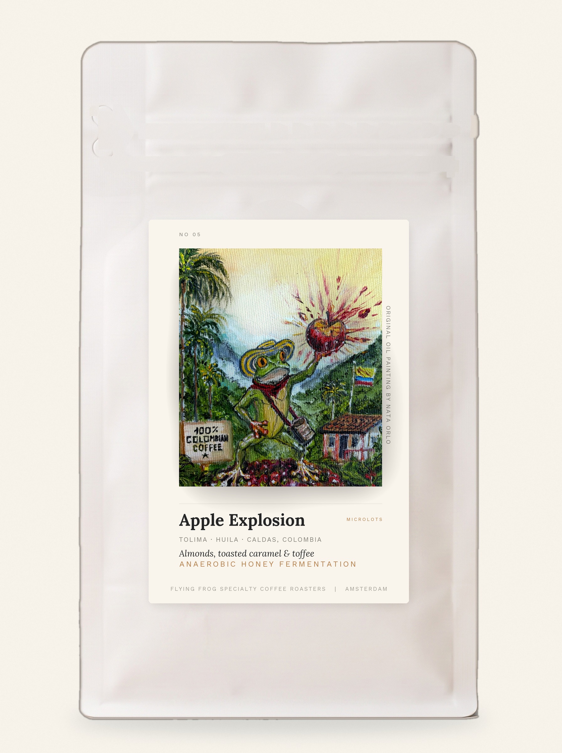 Apple Explosion coffee bag with its original painting label