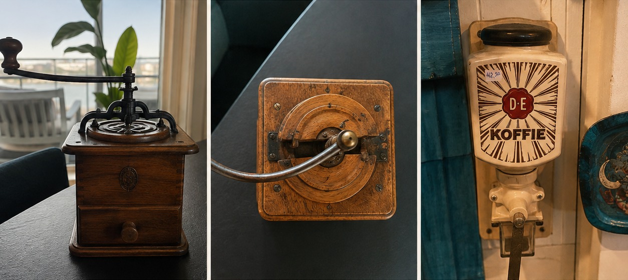 Three traditional Dutch coffee grinders: a wooden box mill, a cast-iron hand mill and a wall-mounted koffie mill