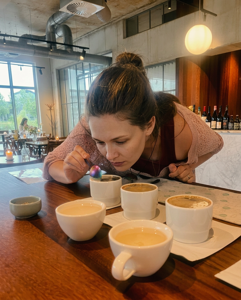 A taster leaning over a cupping bowl to read the aroma