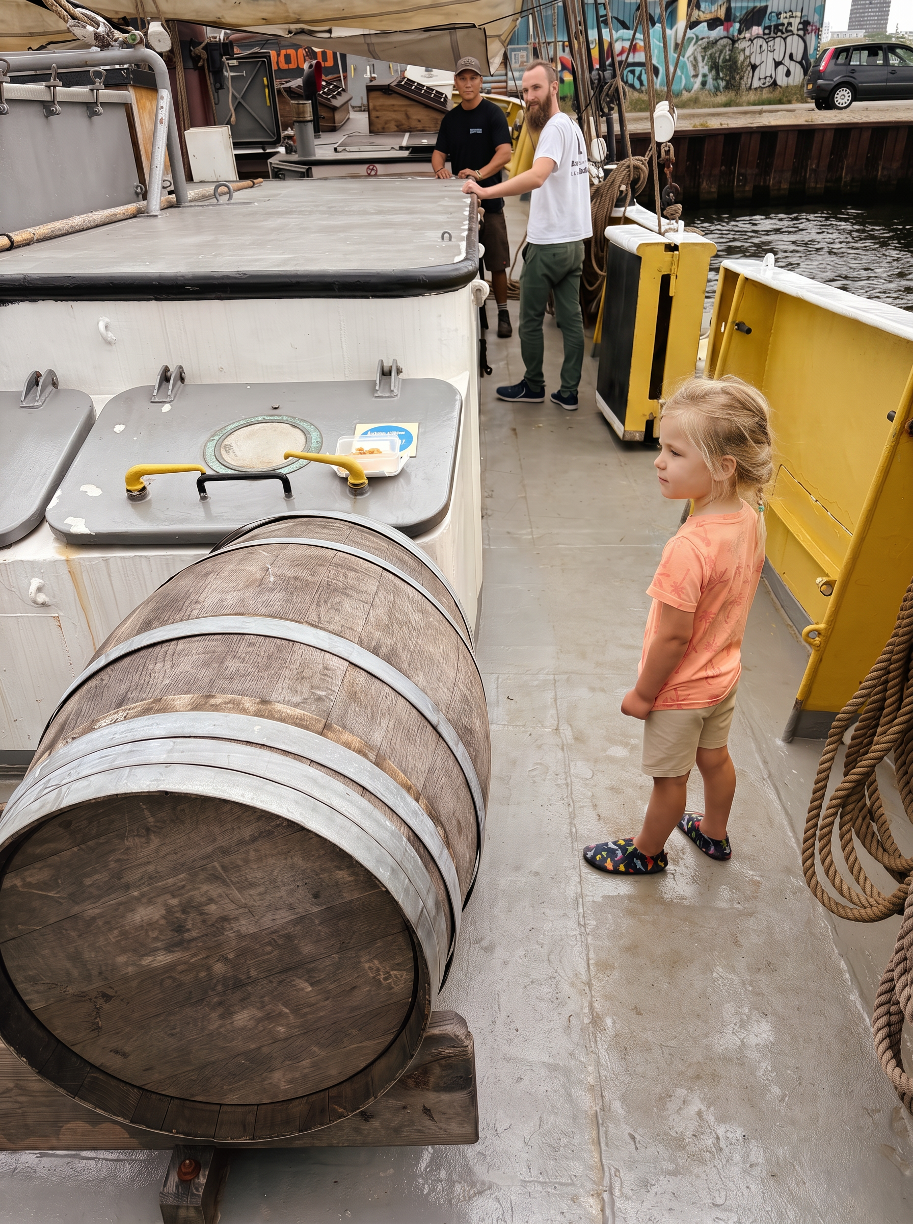 A wooden barrel resting on the deck of a sailing barge in the harbour