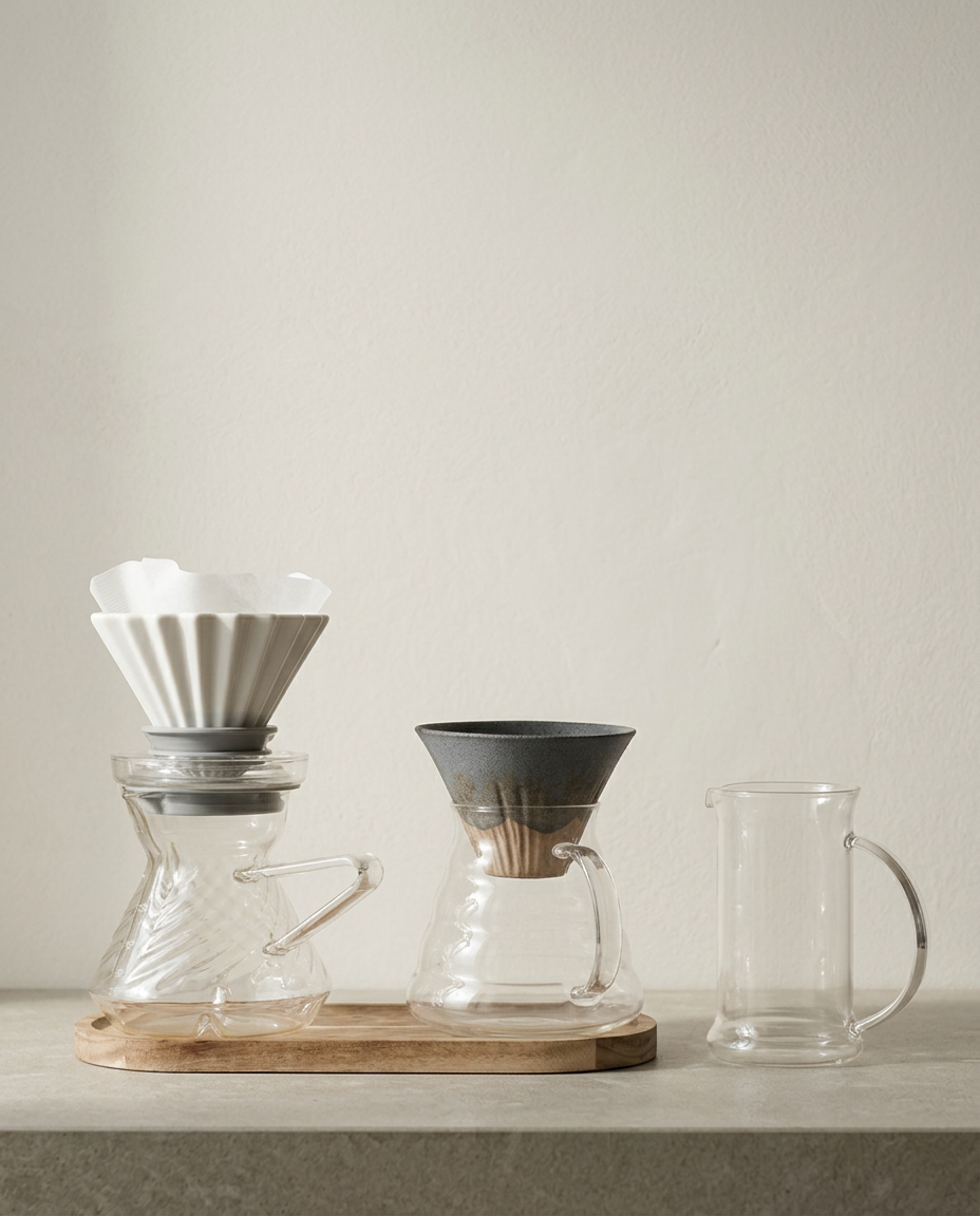 Glass brewing servers and a ceramic dripper arranged for service