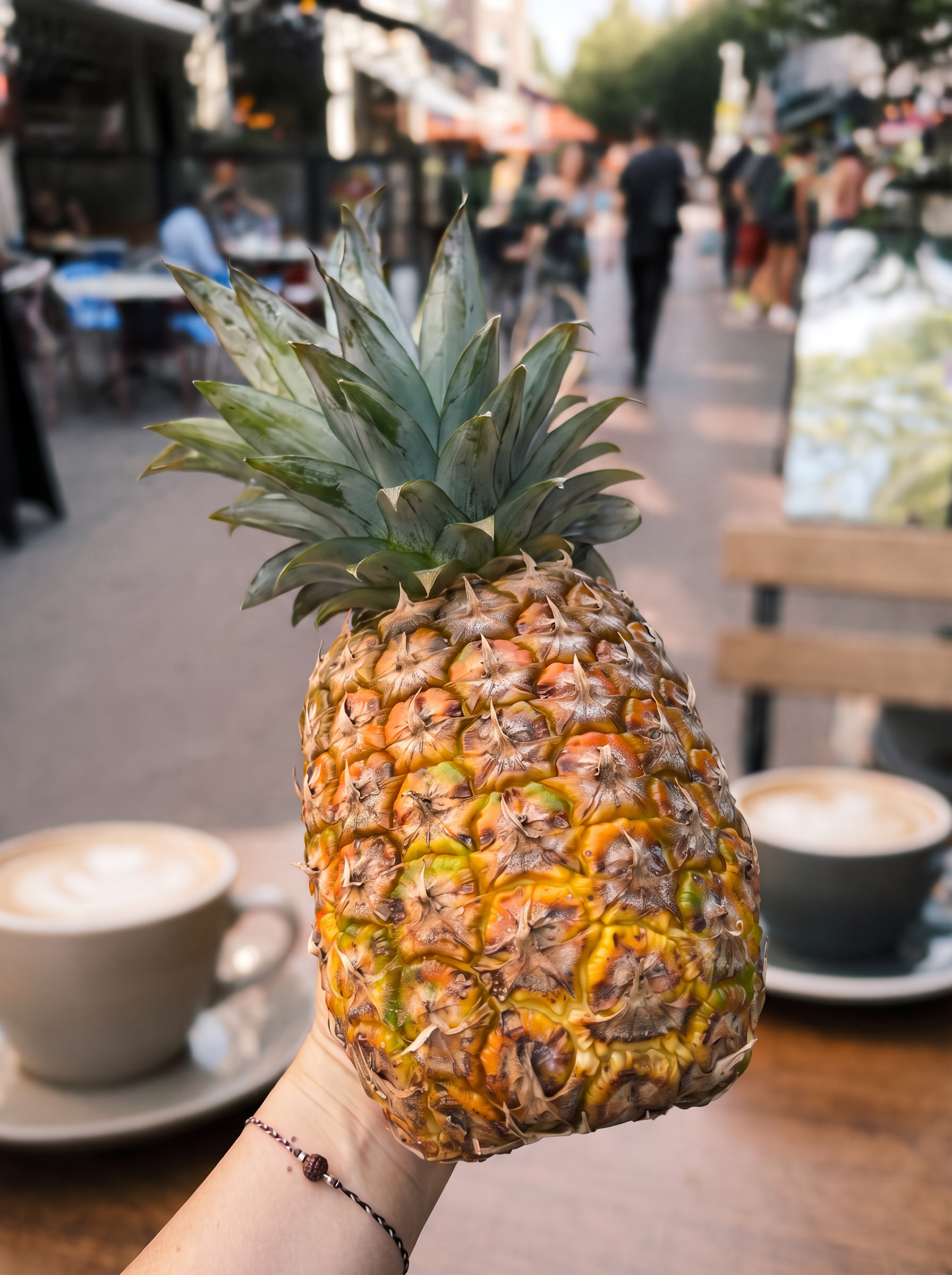 A ripe pineapple held up in a sunlit Amsterdam street market