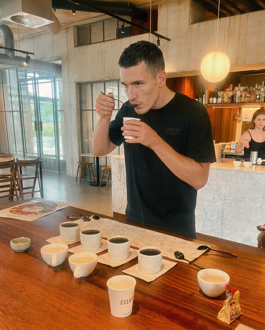 A taster slurping coffee from a cupping spoon at the counter