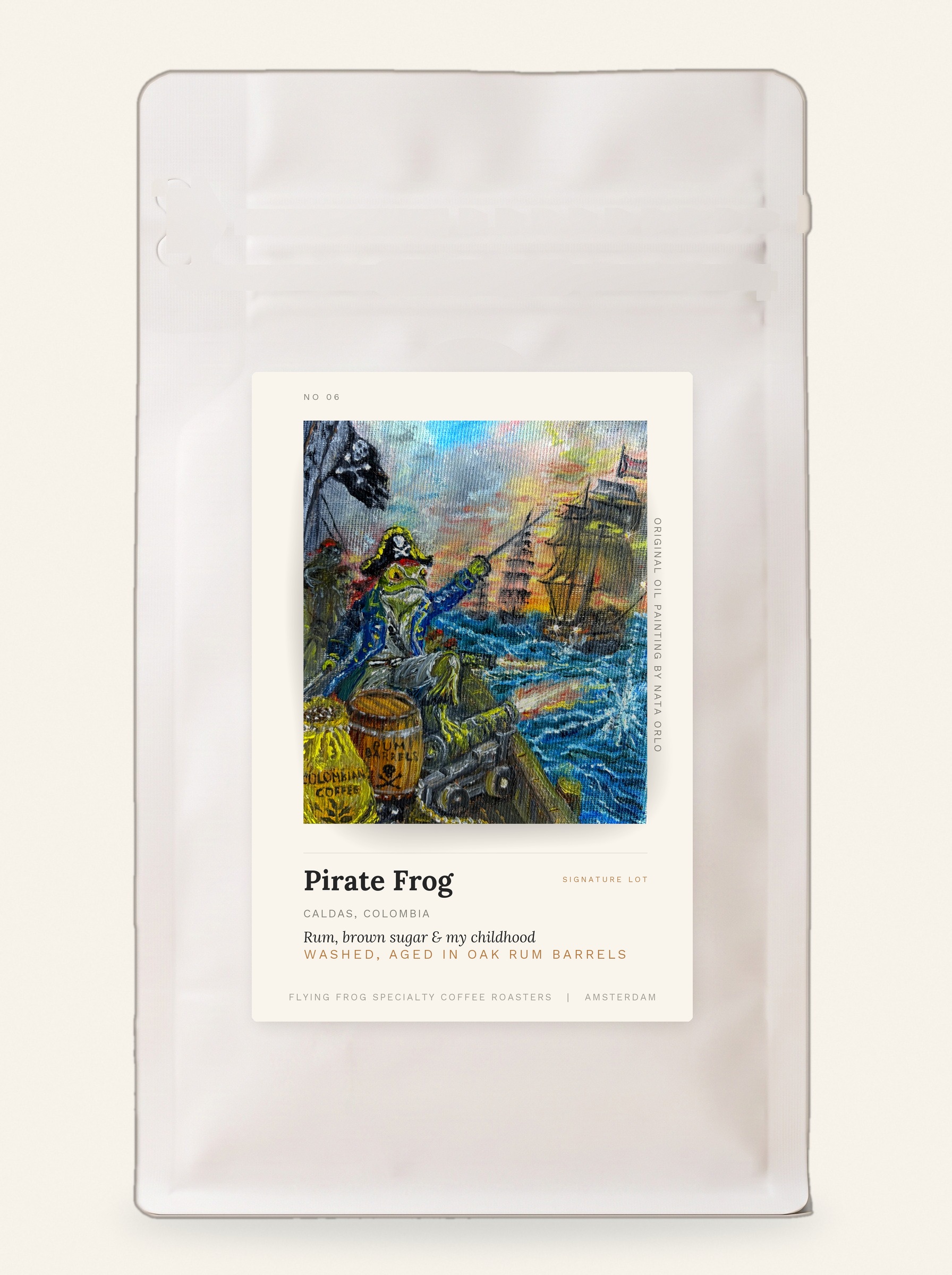 Pirate Frog coffee bag with its original painting label