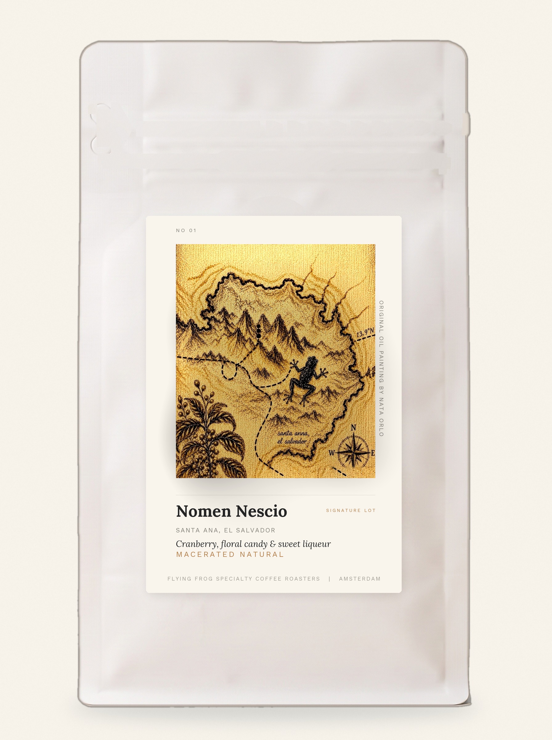 Nomen Nescio coffee bag with its original painting label