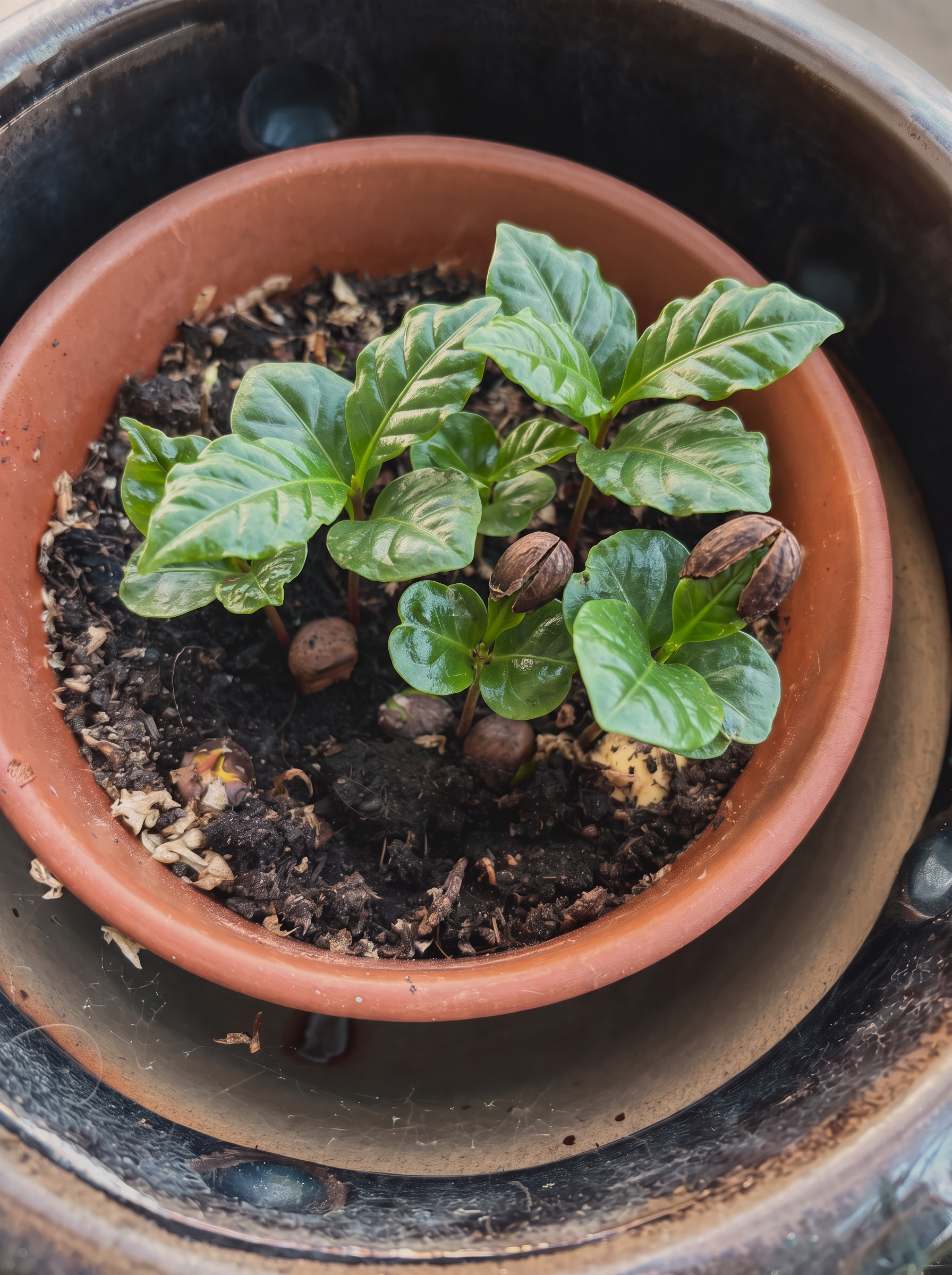 Young coffee plant seedlings growing in a terracotta pot