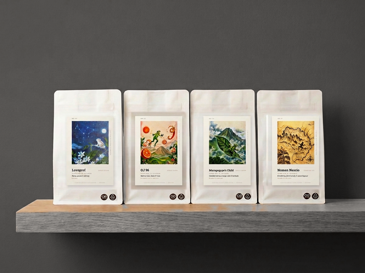 Four Flying Frog coffee bags from El Salvador lined up on a wooden shelf
