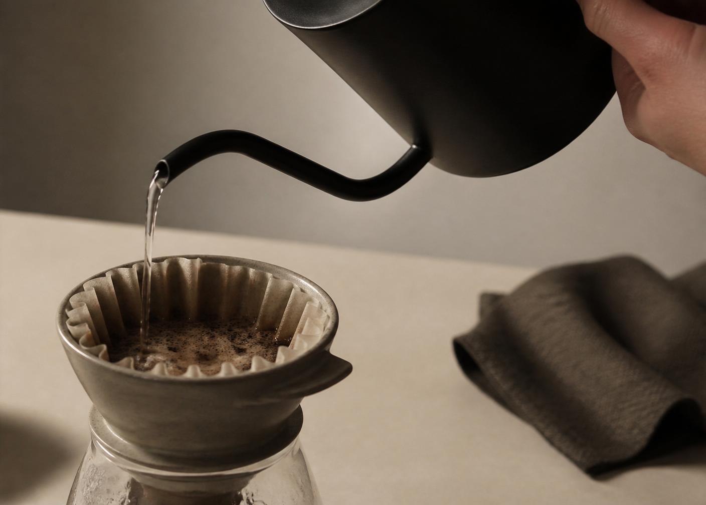 Hands pouring water from a gooseneck kettle for a filter brew