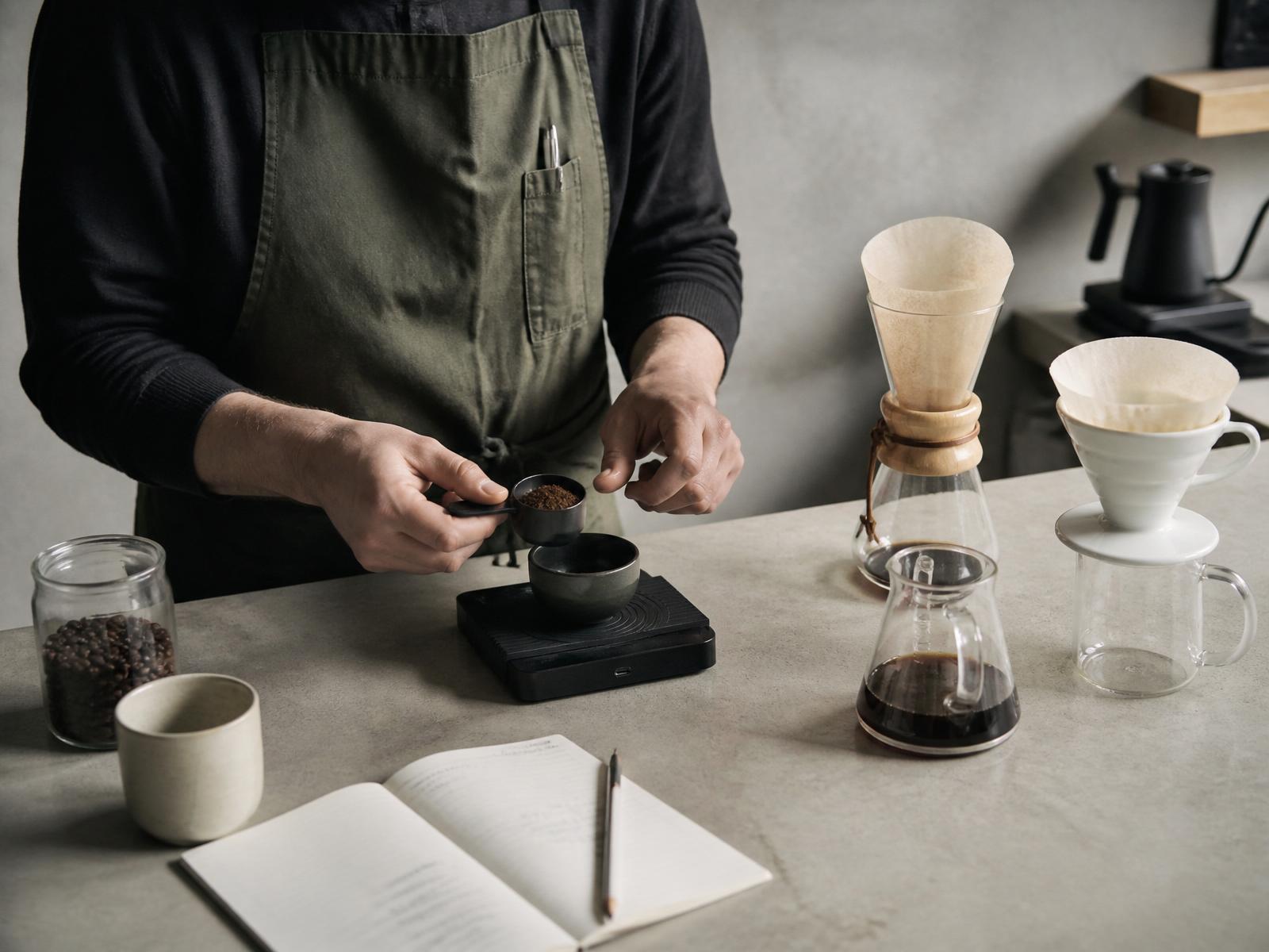 Filter coffee brewing station with scale and kettle