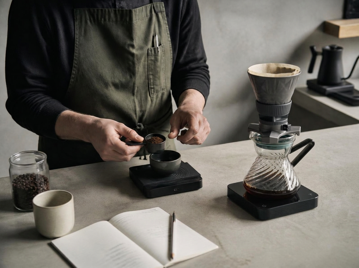 Filter coffee brewing station with scale and kettle