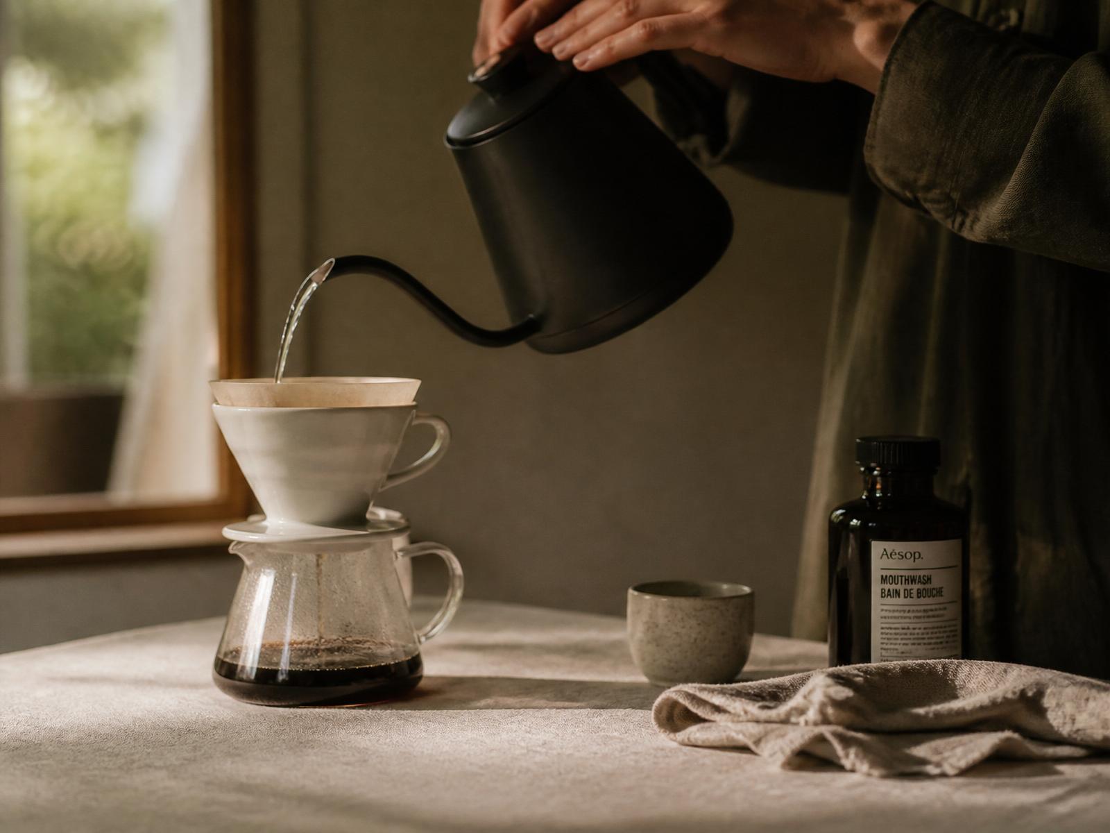 Home brewing setup with grinder and dripper