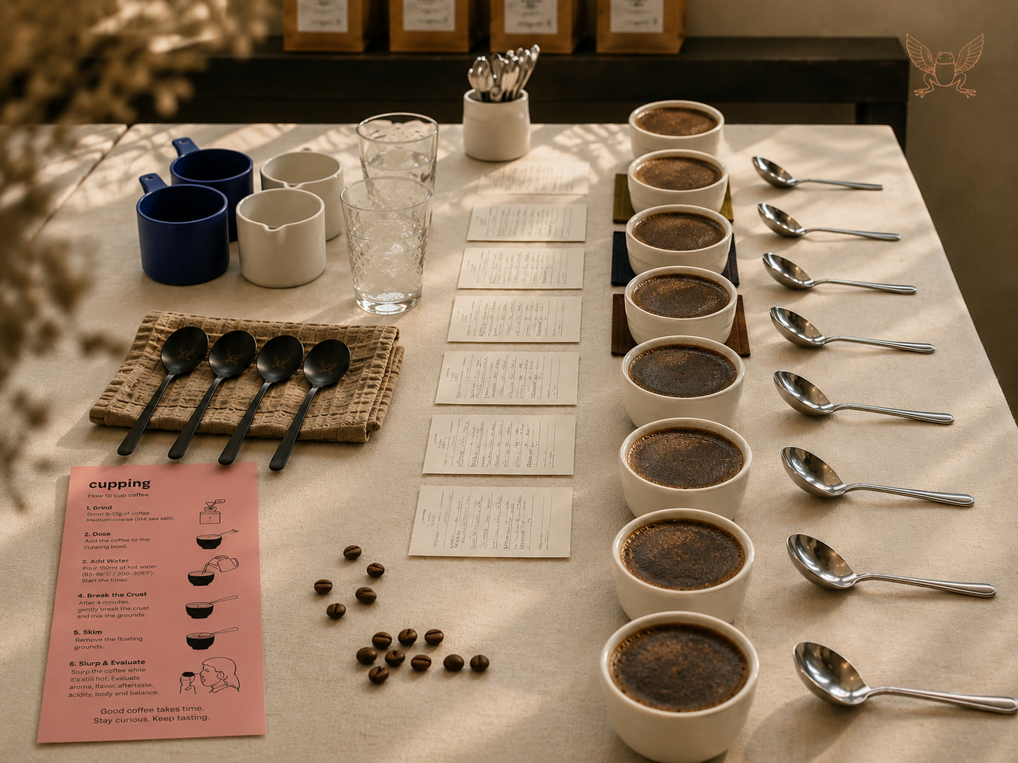A cupping table set for tasting